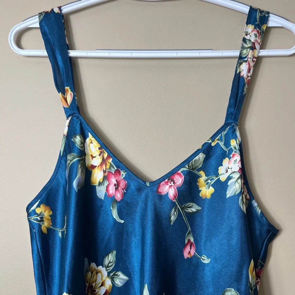 Inner Most Floral Satin Chemise‎ Slip Dress Teal Blue Medium Cottagecore 90's